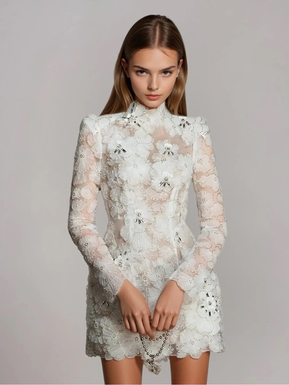 White Floral Lace Long-Sleeve Mini Dress